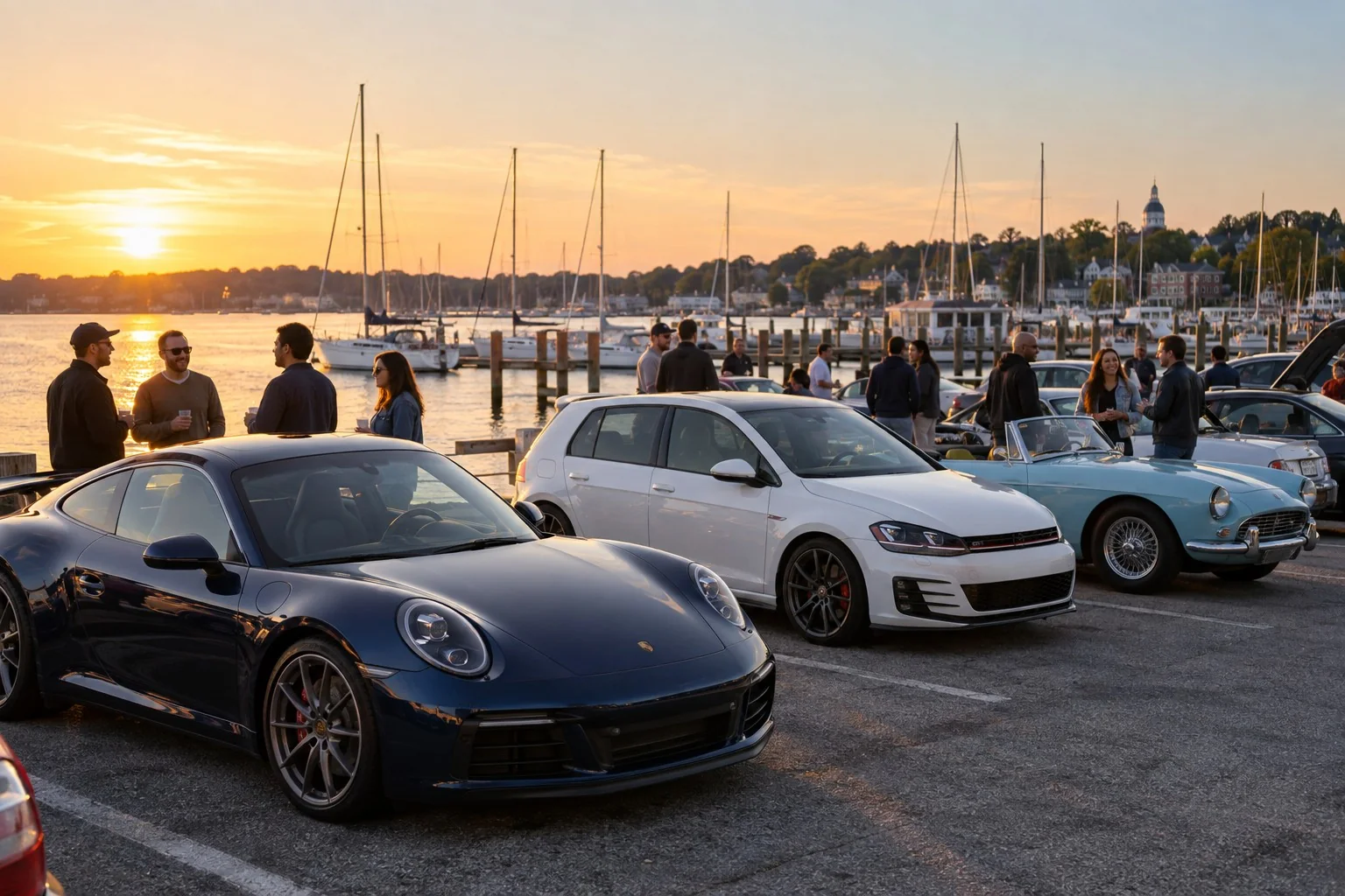 AI generated concept of cars and their owners at a marina parking area inspired by Annapolis Maryland