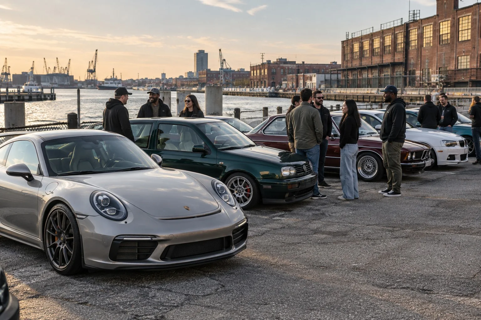 AI generated concept of car enthusiasts gathered in a Baltimore inspired waterfront parking area
