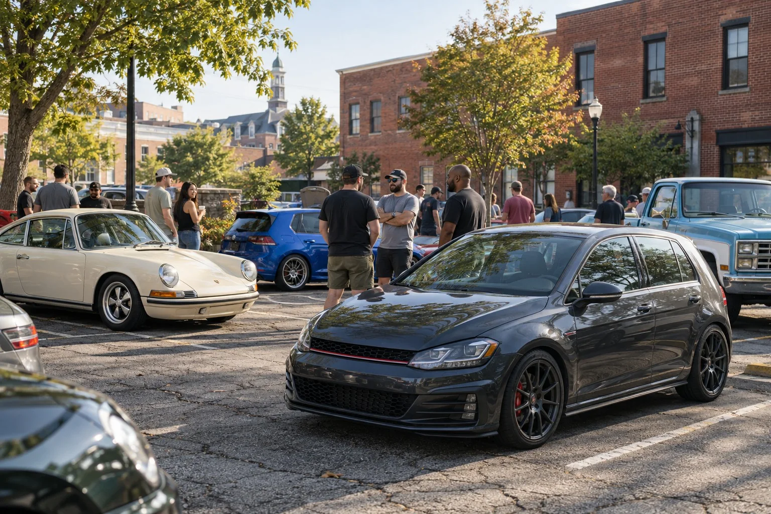 AI generated concept of a relaxed car gathering near brick buildings inspired by Frederick Maryland
