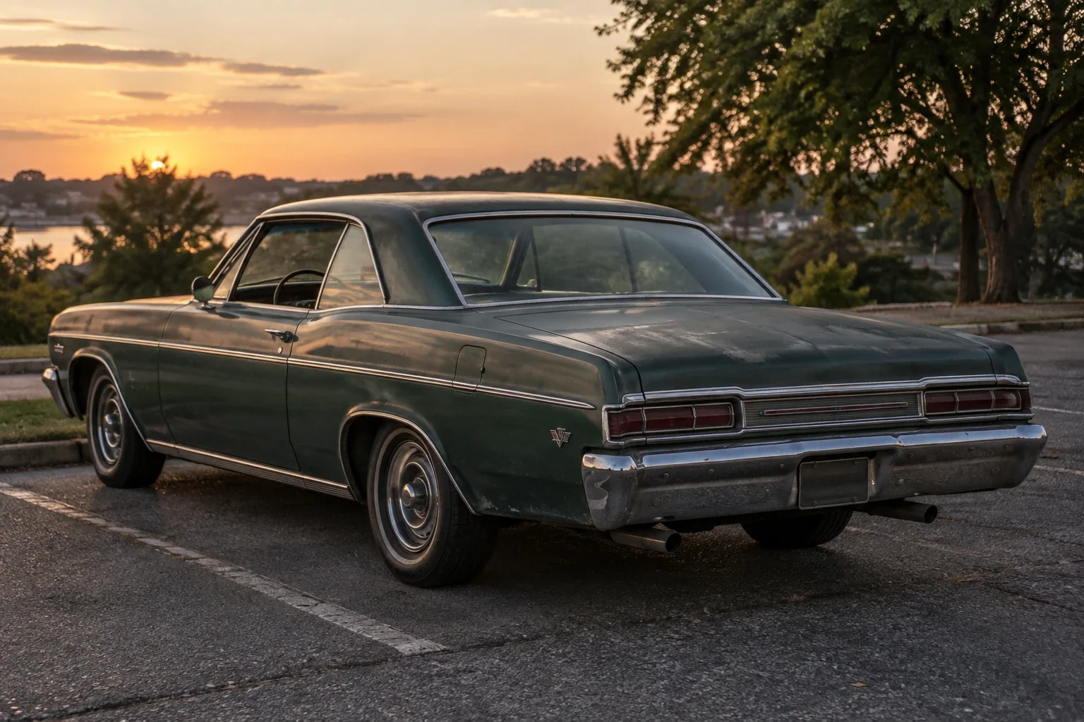 Green classic American coupe in a quiet parking area, AI generated concept