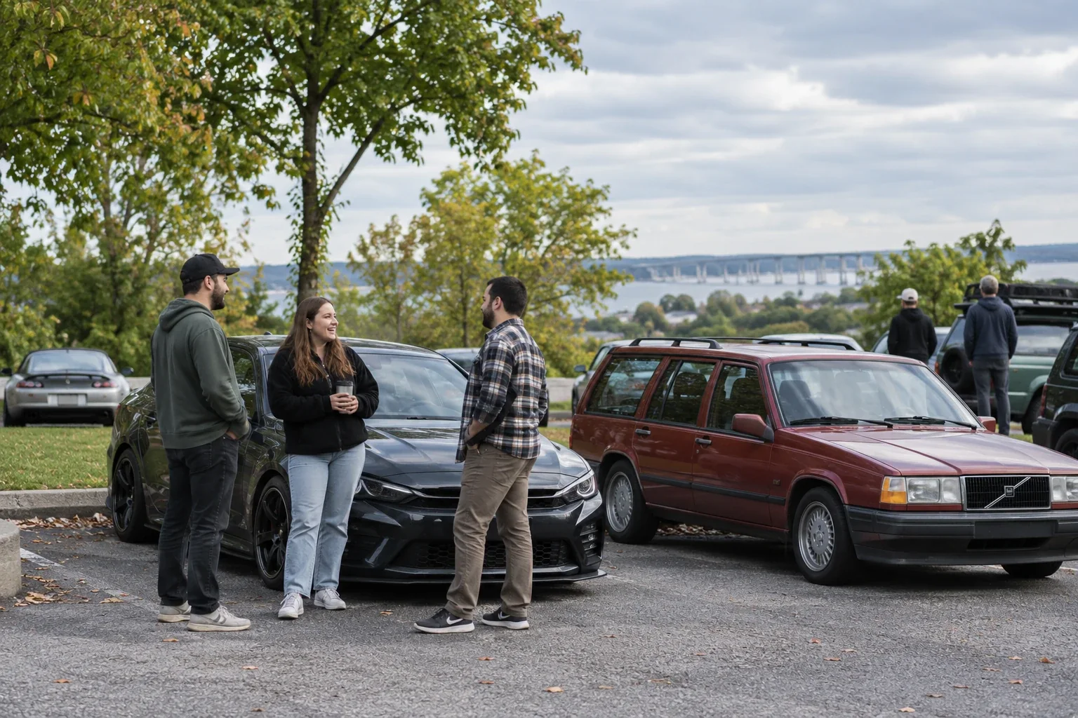 Concept image of car owners talking beside mixed cars