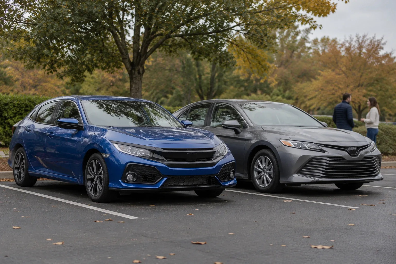 Everyday hatchback and sedan parked side by side, AI generated concept