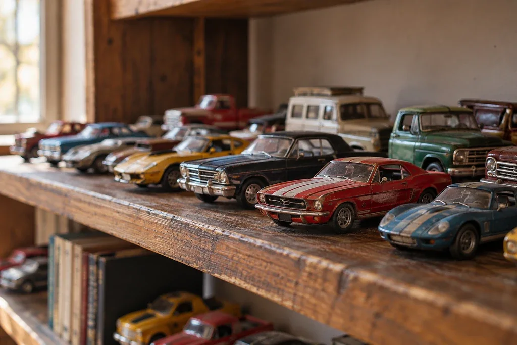 Toy cars on a wooden shelf, childhood passion concept