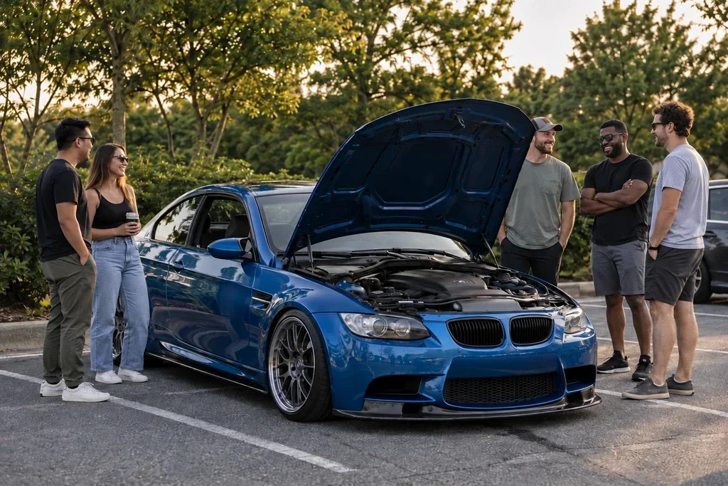 People talking around a modified blue coupe, community concept