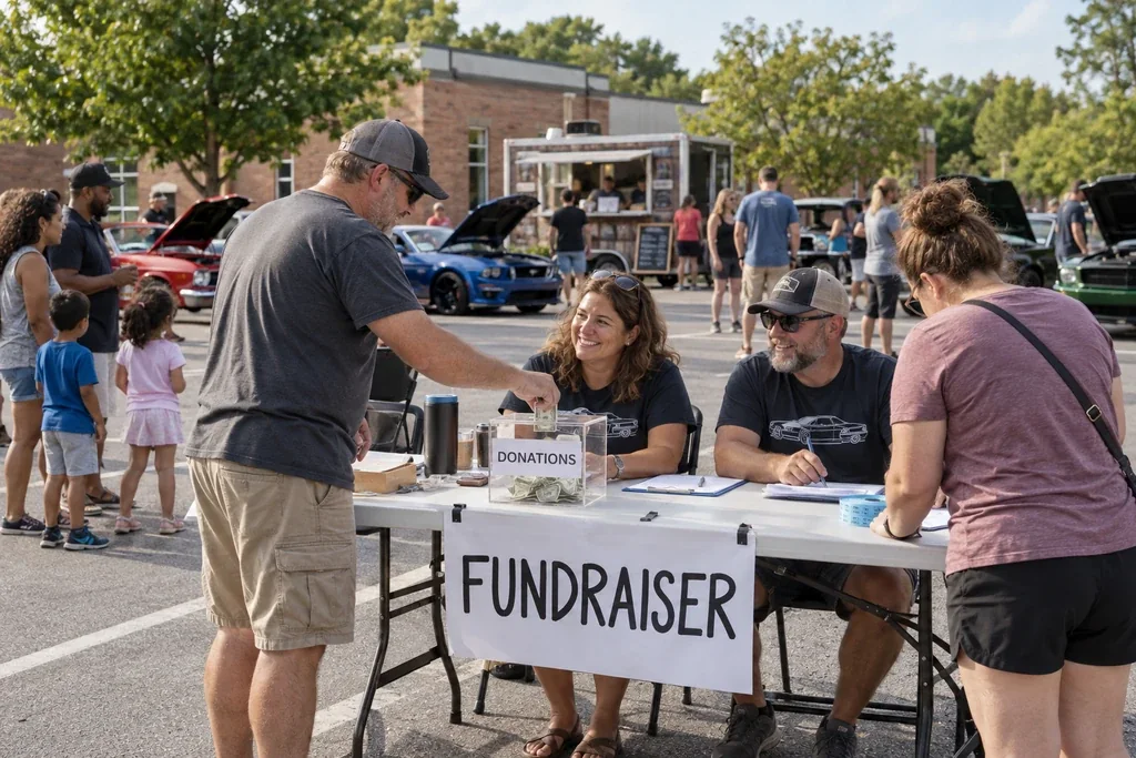 Volunteers collecting donations at a community car fundraiser, visual concept