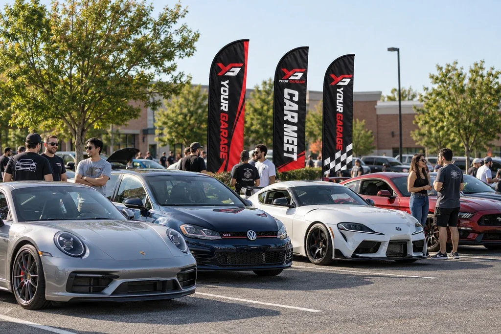 Stock and modified cars with Your Garage feather flags and enthusiasts, meet concept