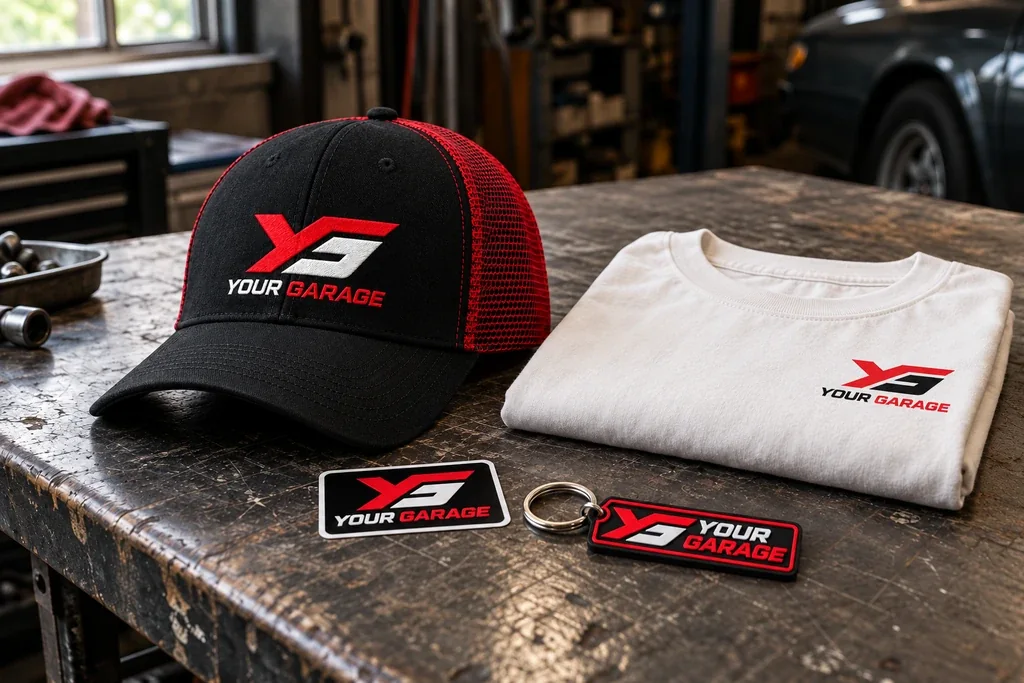 Your Garage logo tee, black and red cap, sticker and keychain concepts