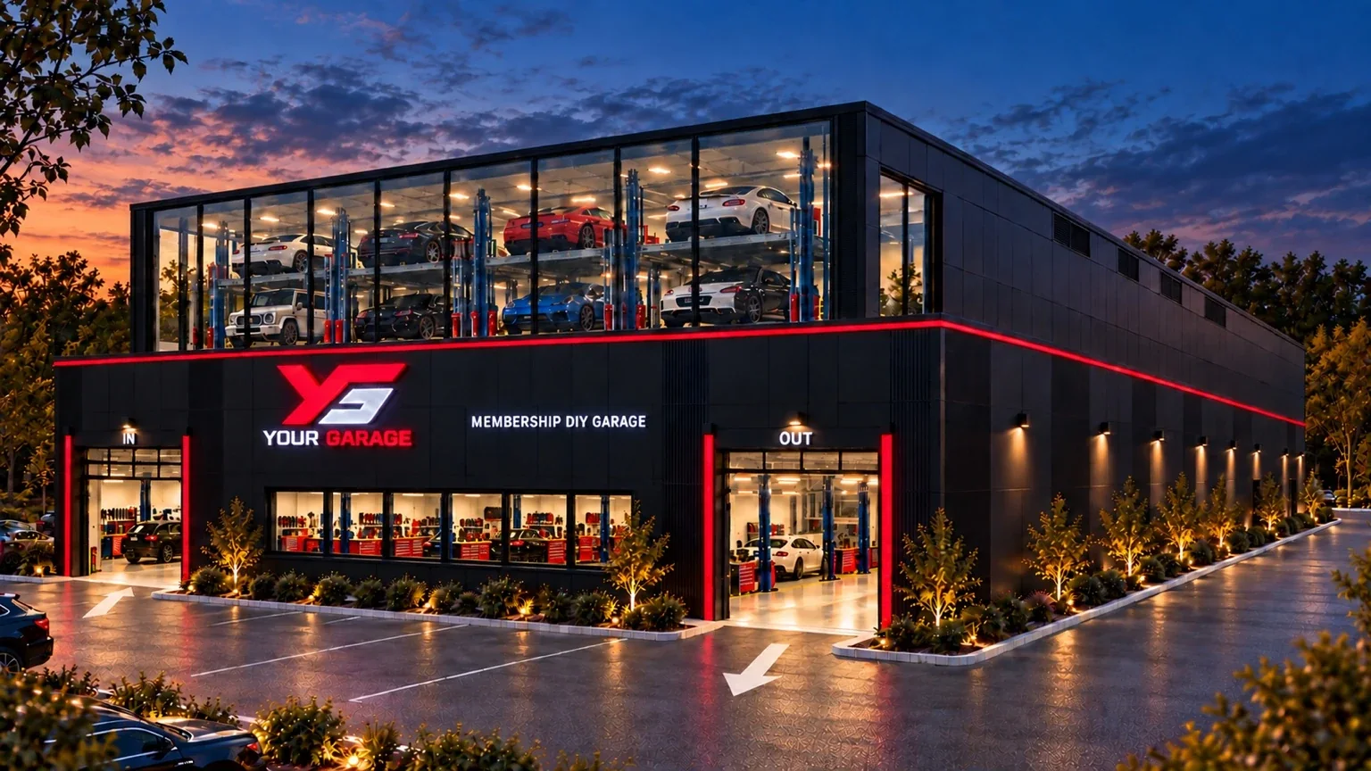 Your Garage membership garage exterior with illuminated red accents and upstairs car storage, future concept