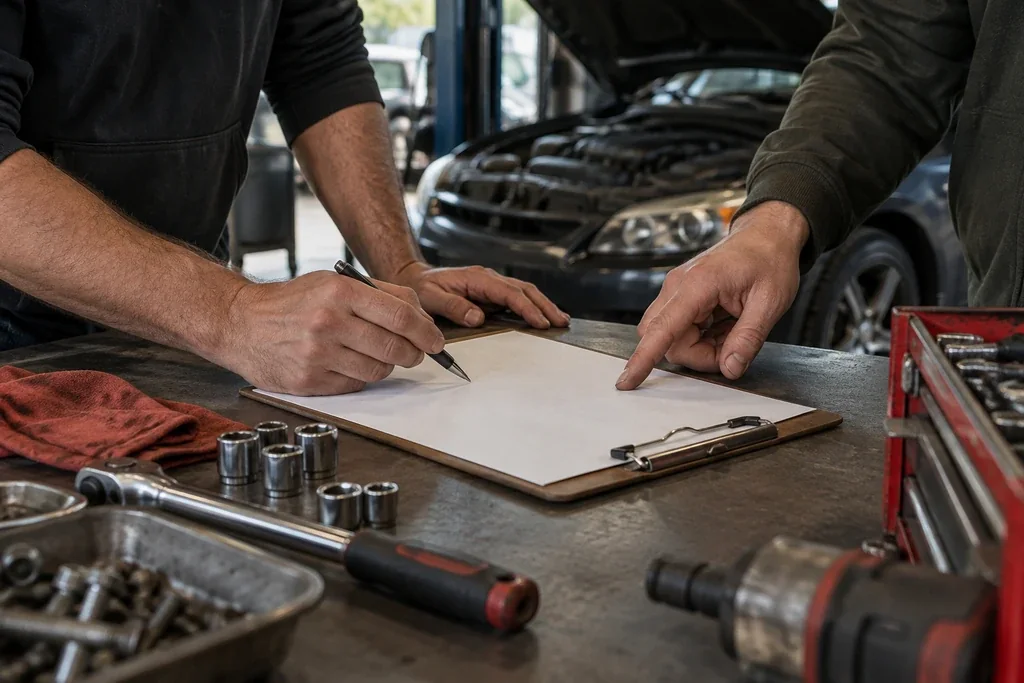 Discussing an event plan at an auto shop, sponsor concept