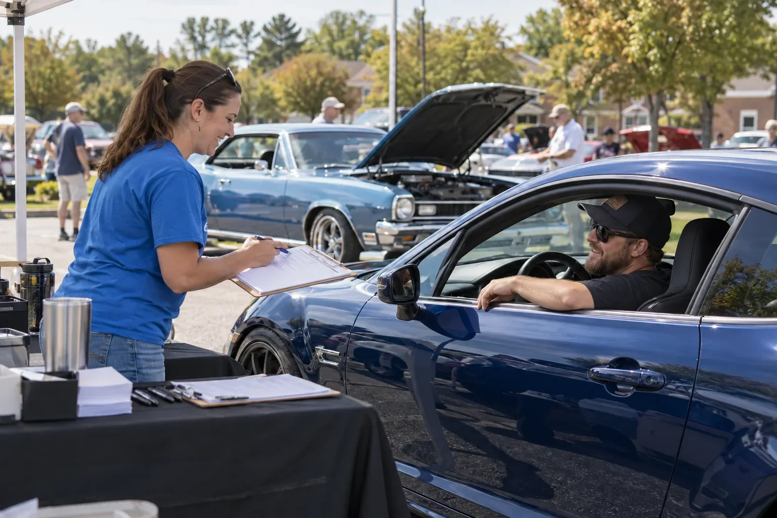 Concept: Volunteer registering a car-show driver