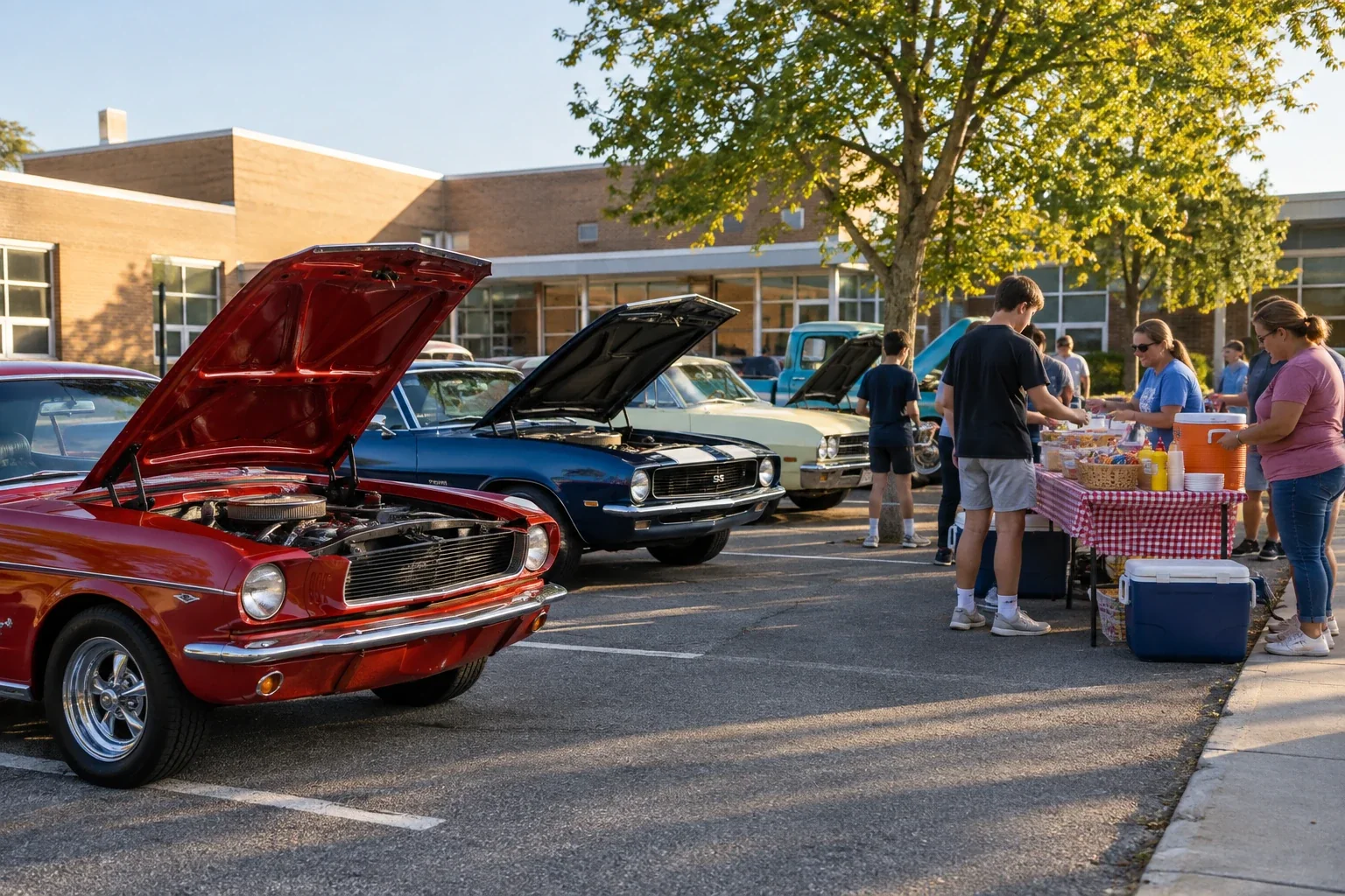 Concept of a school fundraiser with classic cars and a refreshment table