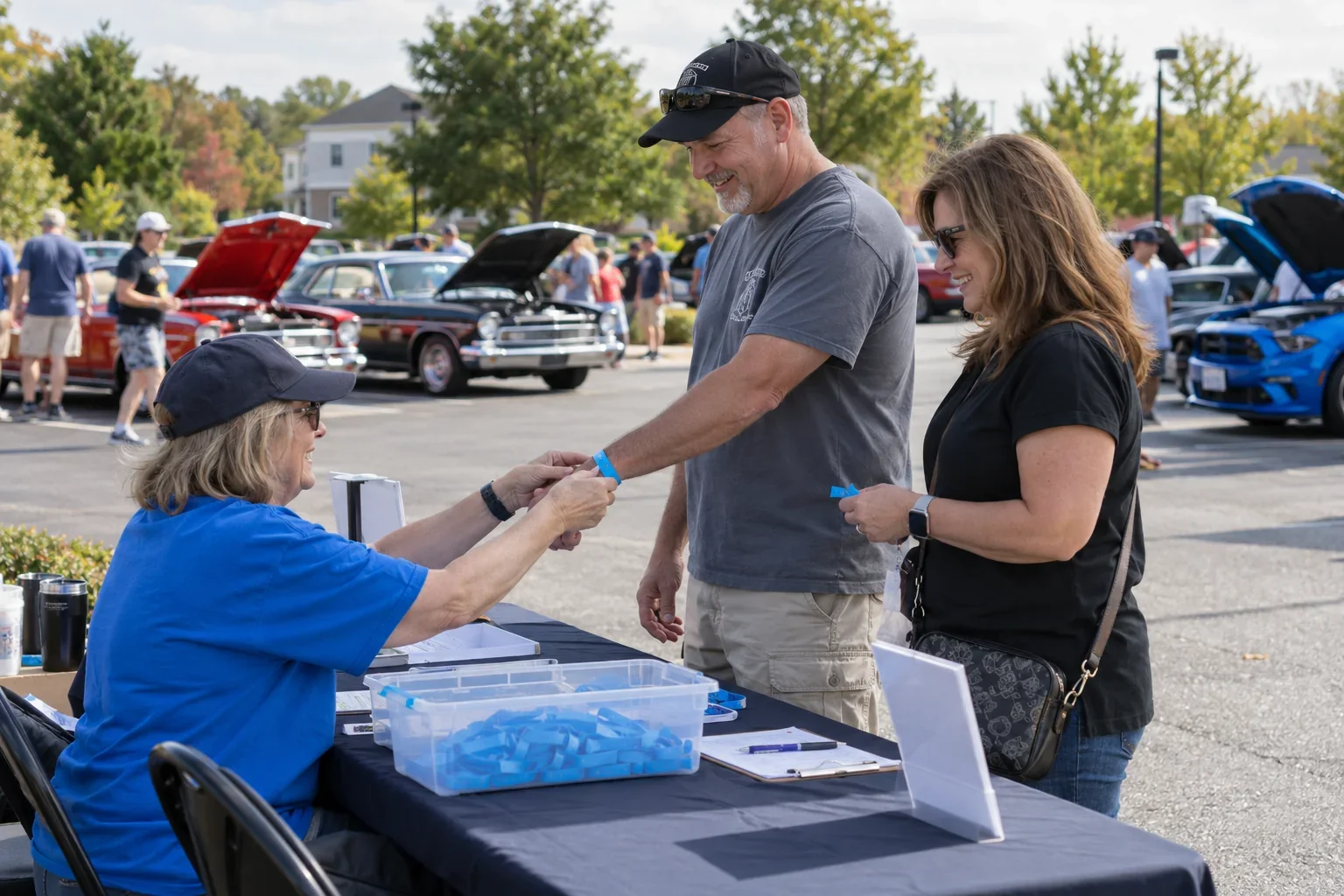 Concept: Visitors checking in at a car-show entrance