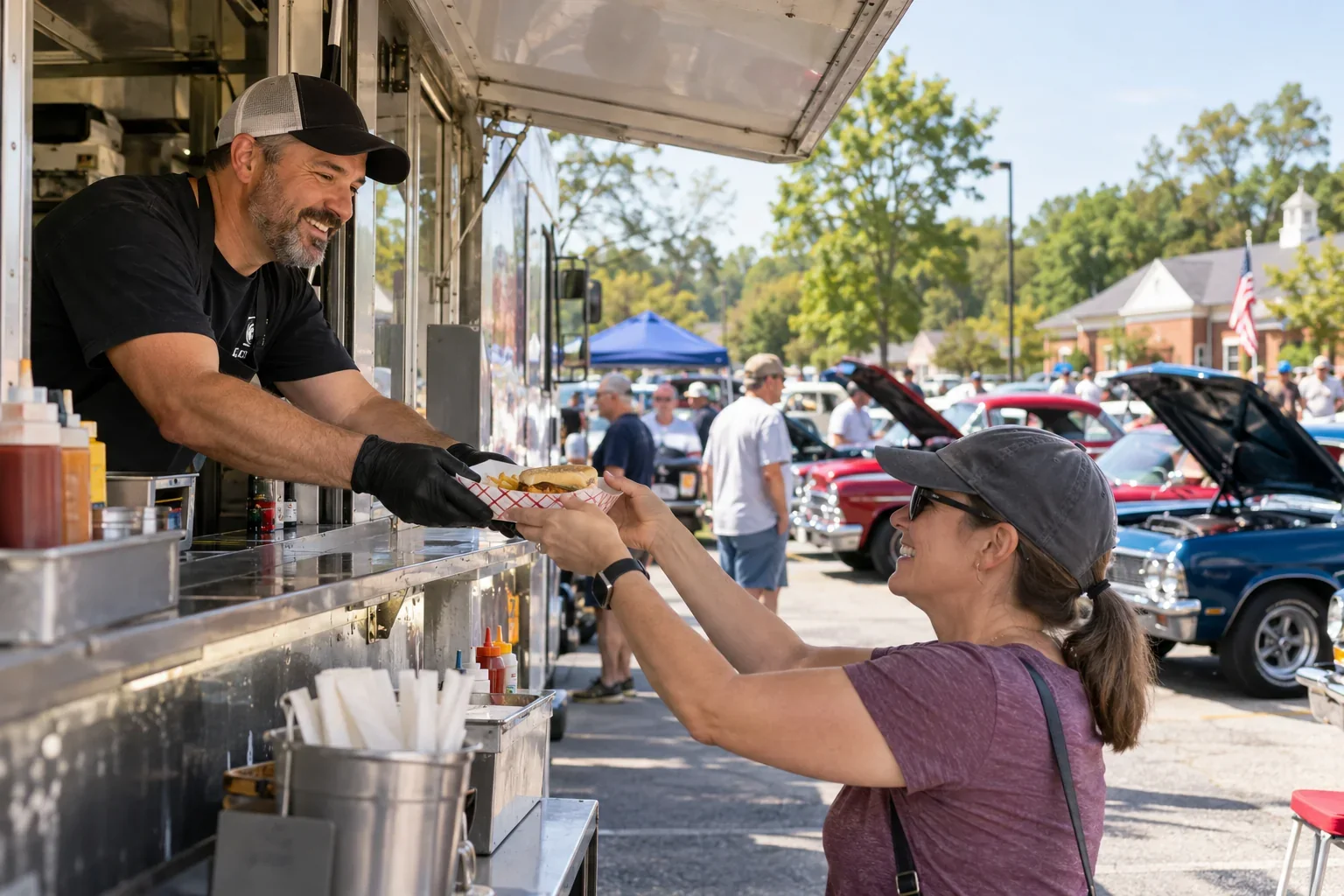Concept: Food truck serving visitors at a charity car show