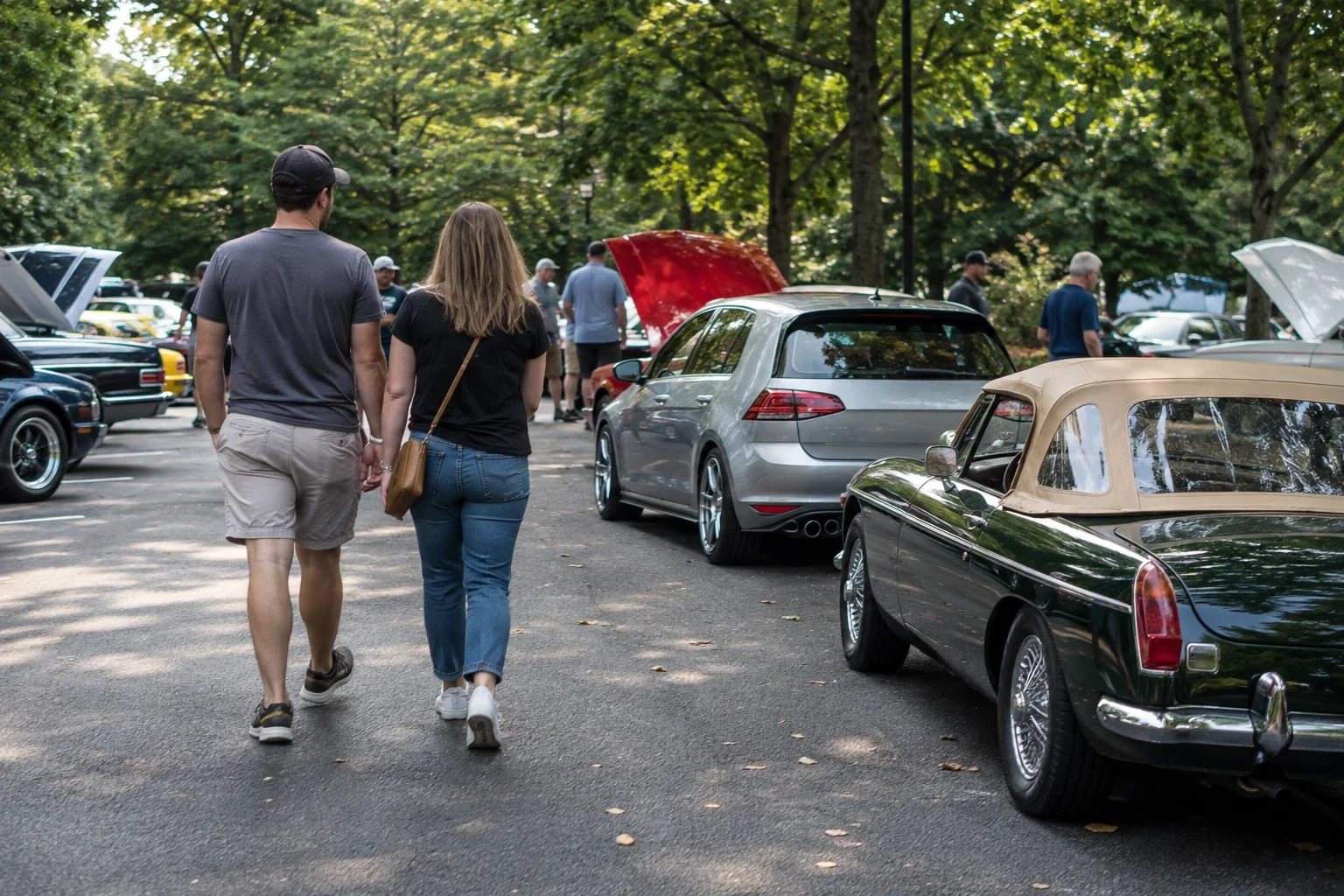 Spectators walking along parked cars, AI generated concept