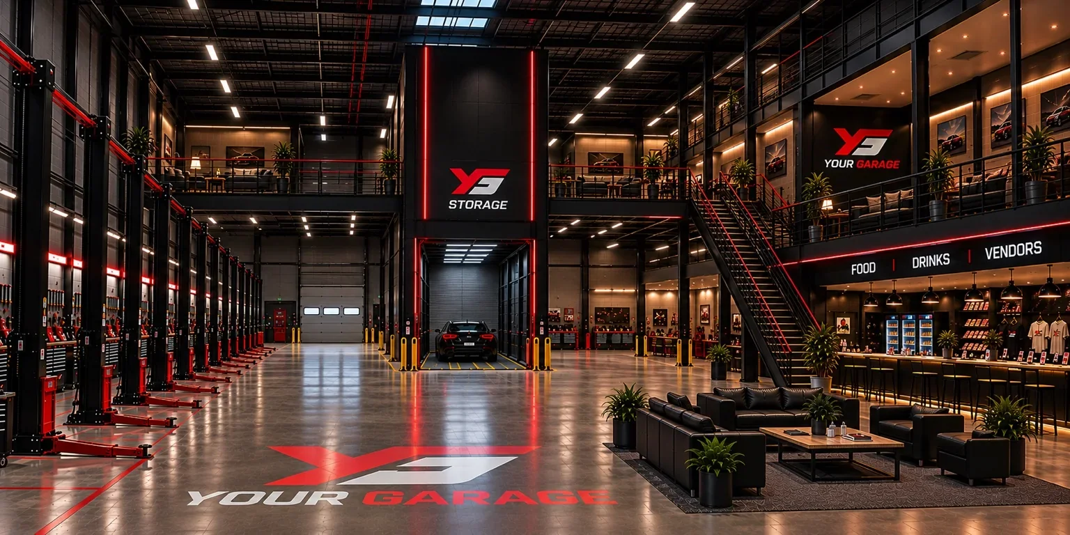 Future Your Garage interior concept with vehicle lifts, a car elevator marked Storage, member lounges and food vendors