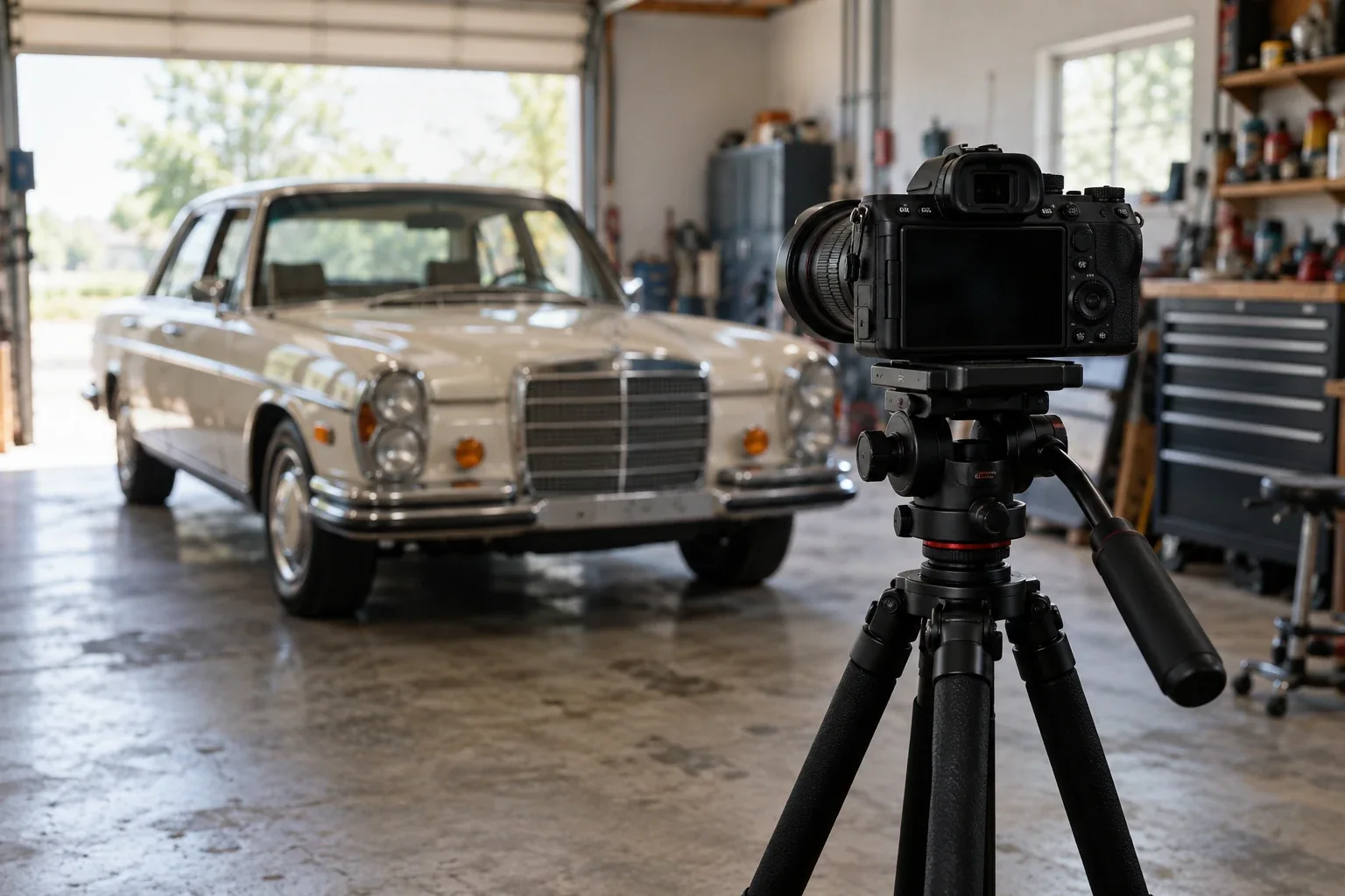 Camera set up to film a car in a workshop, episode concept