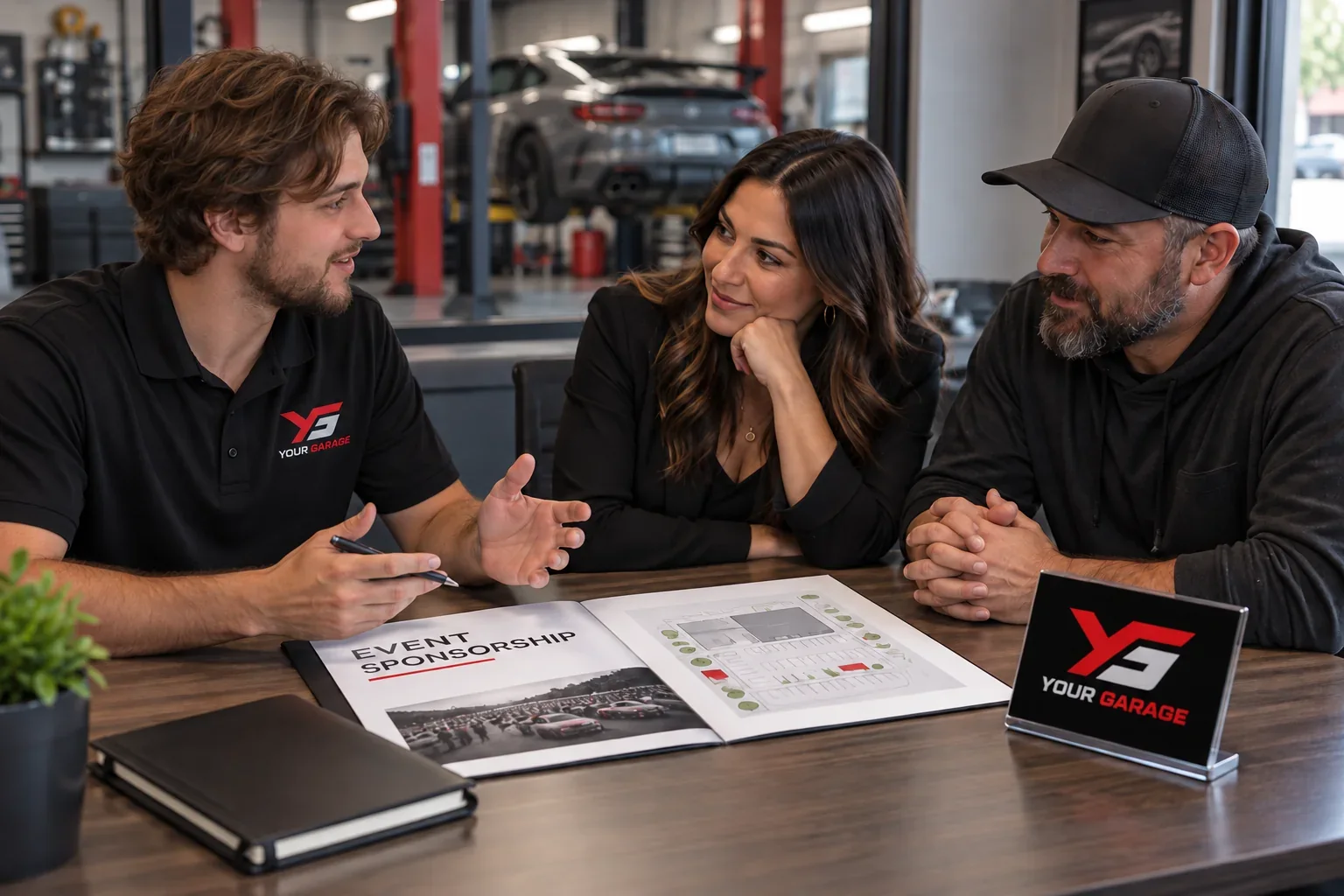 Concept of Tristan Doak in a Your Garage polo discussing event sponsorship with local business owners
