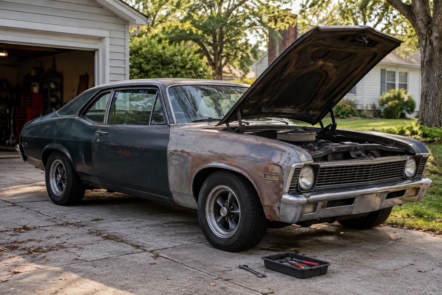 Older project car parked in a driveway with tools nearby, AI generated concept